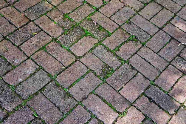 Uneven patio surface with shifting pavers and gaps before concrete patio replacement in Parma Heights, OH